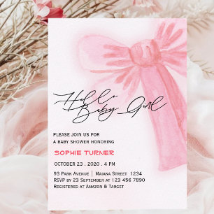Invitation Aquarelle moderne Blush Pink Bow Girl Baby shower