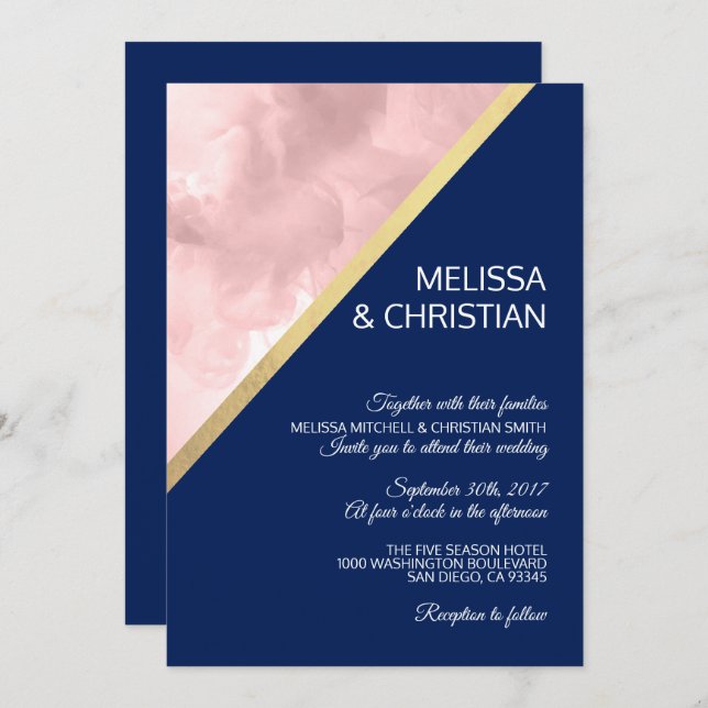Invitation Aquarelle moderne Blush rose & Mariage bleu marine (Devant / Derrière)
