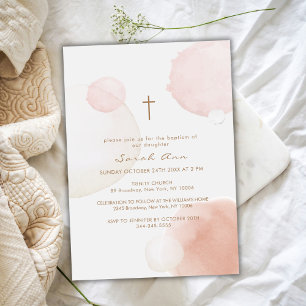 Invitation Aquarelle moderne Boho Bubble Gold Cross Baptême