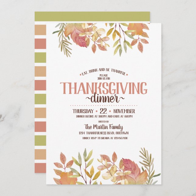 Invitation Aquarelle moderne Botanique Thanksgiving Dîner (Devant / Derrière)