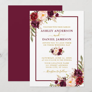 Invitation Aquarelle moderne Bourgogne Floral Mariage Or