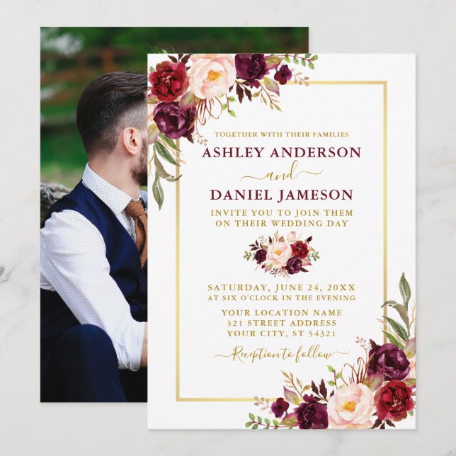 Invitation Aquarelle moderne Bourgogne Floral Mariage photo (Devant / Derrière)