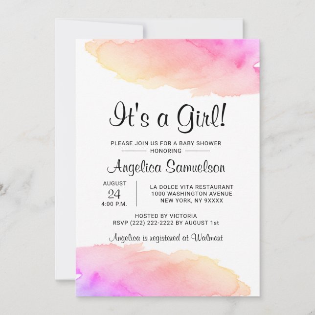 Invitation Aquarelle moderne C'EST UNE FILLE !Baby shower ros (Devant)