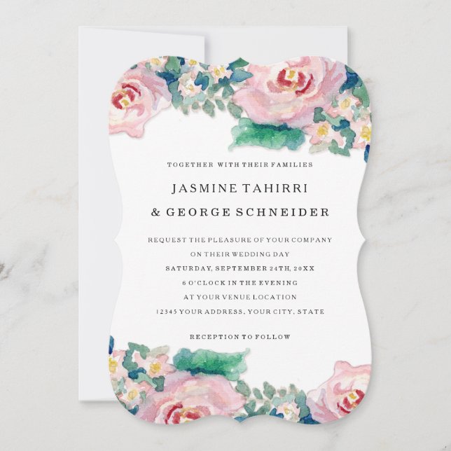 Invitation Aquarelle MODERNE Chic Large Stripes avec Rose (Devant)