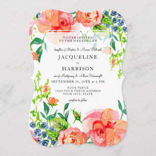 Invitation Aquarelle moderne Chute Orange Bleu Roses Floral