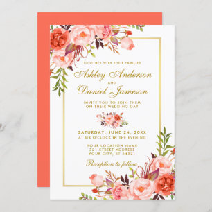Invitation Aquarelle moderne Coral Floral Mariage or