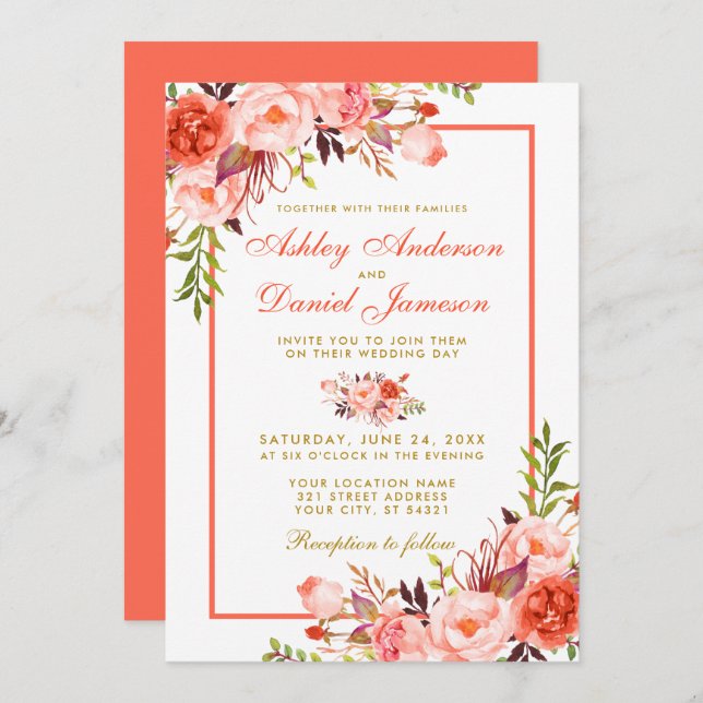 Invitation Aquarelle moderne Coral Floral Mariage or (Devant / Derrière)