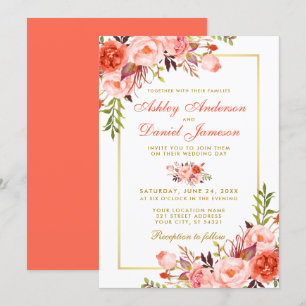 Invitation Aquarelle moderne Coral Floral Mariage Or