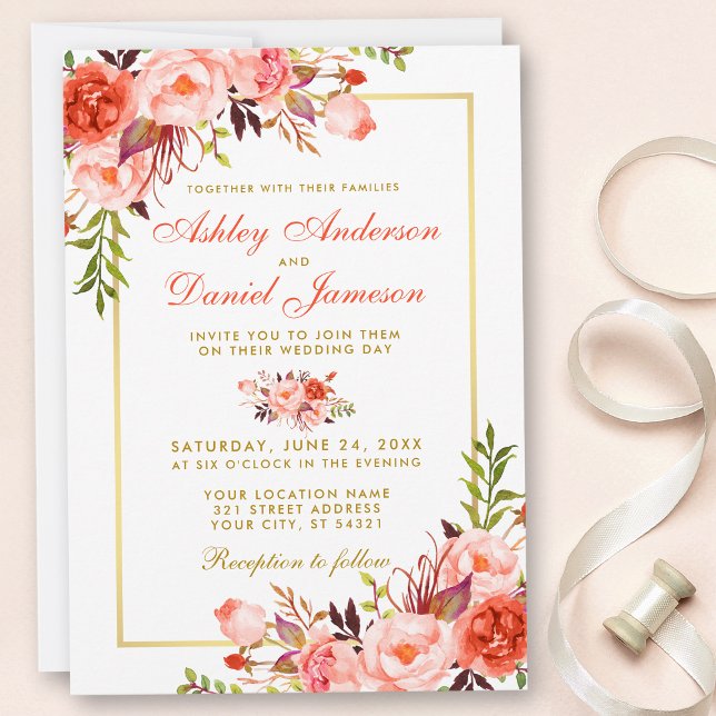 Invitation Aquarelle moderne Coral Floral Mariage Or W (Créateur téléchargé)