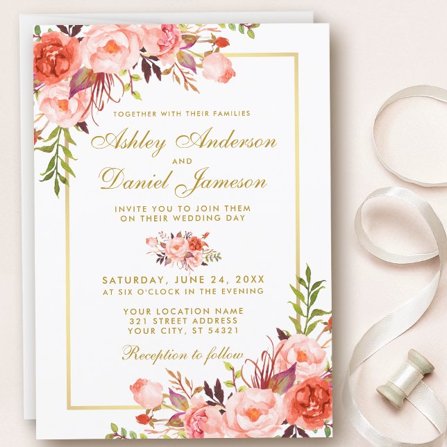 Invitation Aquarelle moderne Coral Floral Or Mariage W (Customize to change text size, color, style or to add more text to back of card.)