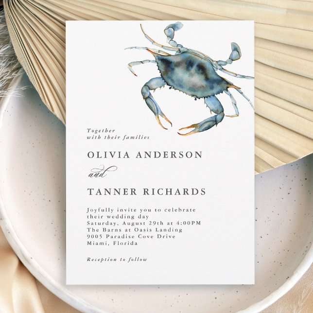 Invitation Aquarelle moderne Crabe bleu Mariage côtier (Available in both printed and digital download formats.)