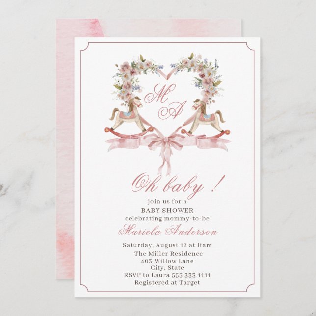 Invitation Aquarelle moderne crête rose Rockin Horse Baby Sho (Devant / Derrière)