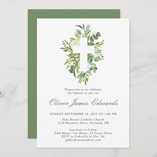 Invitation Aquarelle moderne Croix florale Sage vert Baptême (Devant / Derrière)