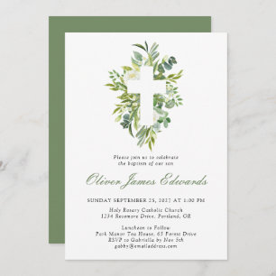 Invitation Aquarelle moderne Croix florale Sage vert Baptême