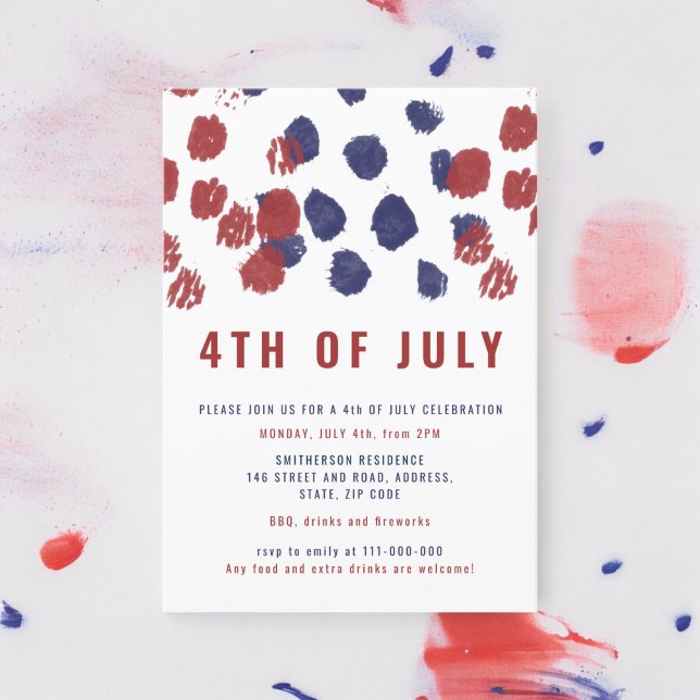 Invitation Aquarelle moderne de points rouges bleus 4 juillet (Modern blue red dots watercolor 4th of July Invitation)