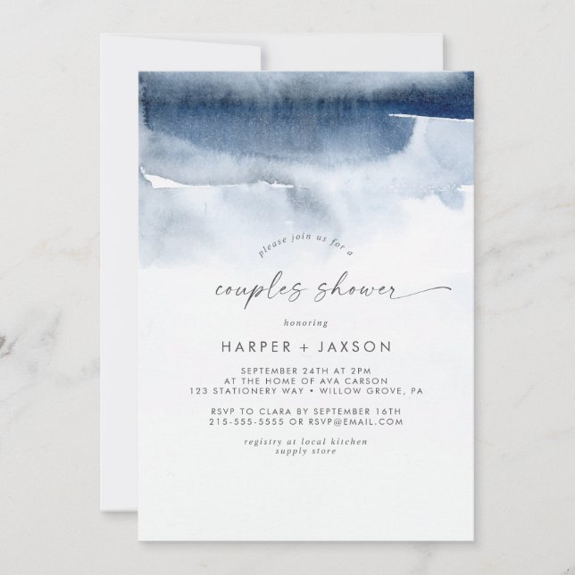 Invitation Aquarelle moderne | Douche Couples Bleues (Devant)
