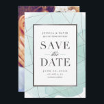 Invitation Aquarelle moderne Enregistrer la date<br><div class="desc">Un doux et moderne enregistrer l'annonce de date avec facettes géométriques argentées sur un arrière - plan de lavage à l'aquarelle bleu aqua. Le dos permet de prendre une photo du couple. Conçu par Stacey Meacham, ce faire-part fait partie de la collection Geo watercolor. Trouvez plus d'accessoires et d'autres couleurs...</div>