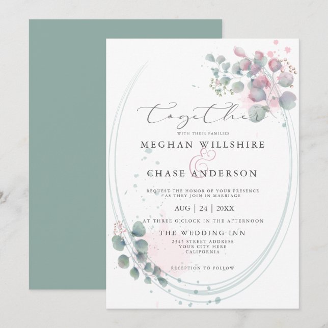 Invitation Aquarelle moderne Eucalyptus Foliage BarefootBride (Devant / Derrière)