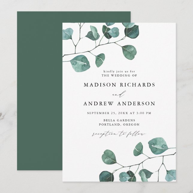Invitation Aquarelle moderne Eucalyptus Mariage de verdure (Devant / Derrière)