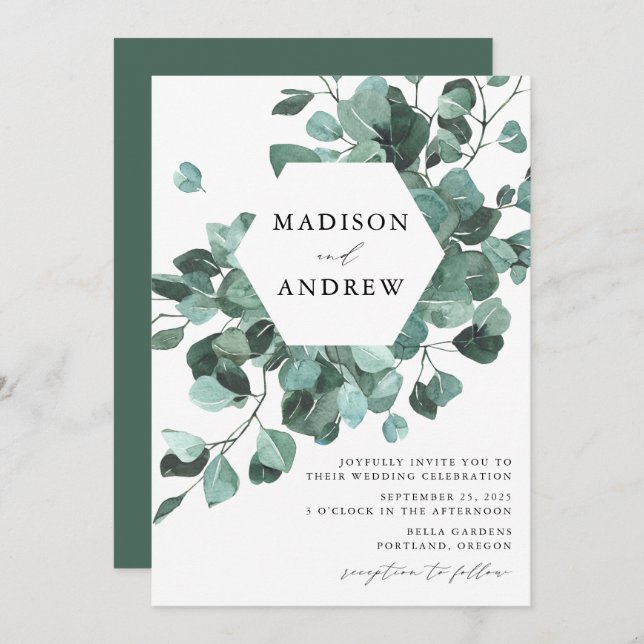 Invitation Aquarelle moderne Eucalyptus Mariage de verdure (Devant / Derrière)