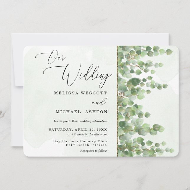 Invitation Aquarelle moderne Eucalyptus Mariage de verdure (Devant)