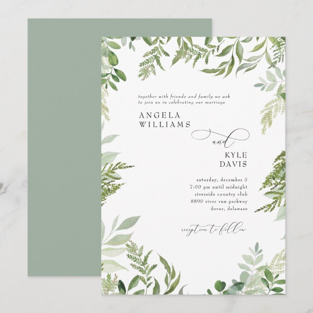 Invitation Aquarelle moderne Eucalyptus Sage Mariage Invitat (Devant / Derrière)