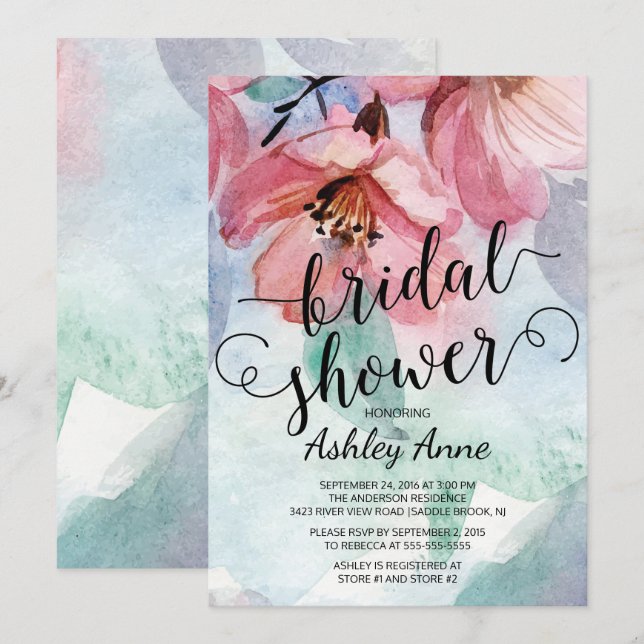 Invitation Aquarelle moderne Fête des mariées florale rose (Devant / Derrière)