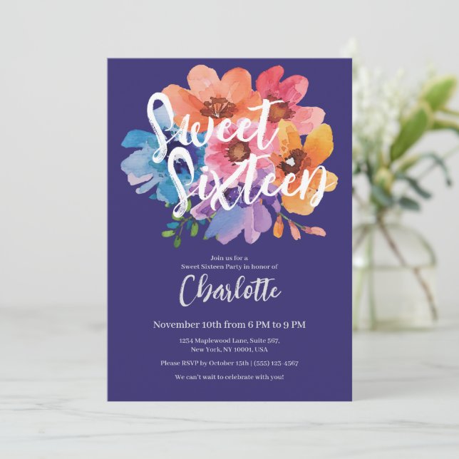Invitation Aquarelle moderne Fleur Sweet 16 Party (Debout devant)