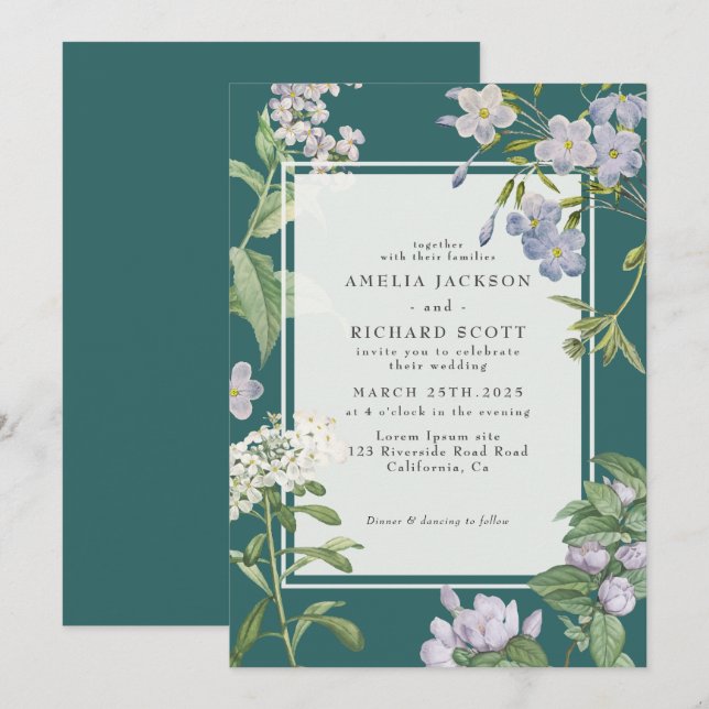 Invitation Aquarelle moderne fleurie turquoise mariage de aut (Devant / Derrière)