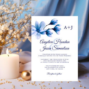 Invitation Aquarelle moderne Floral Bleu Marine Mariage blanc