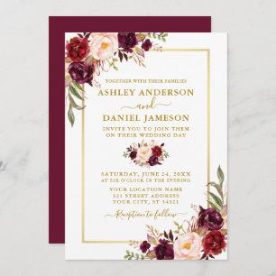 Invitation Aquarelle moderne Floral Bourgogne Mariage Or