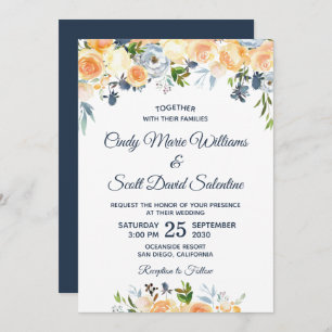 Invitation Aquarelle moderne Floral Coral Marine Mariage bleu