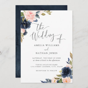 Invitation Aquarelle moderne Floral Marine Blush Mariage