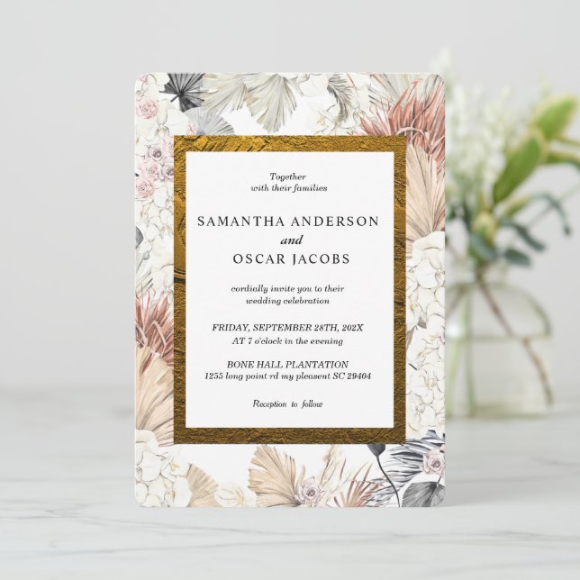 Invitation Aquarelle moderne Floral Orchid Gold Frame (Debout devant)