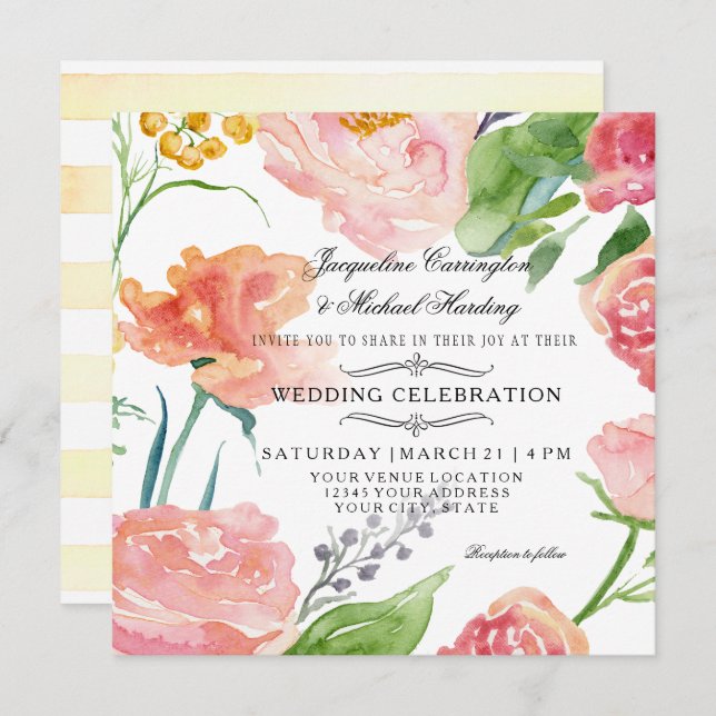 Invitation Aquarelle moderne Floral Rose Fleur sauvage Mariag (Devant / Derrière)