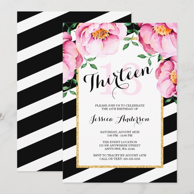 Invitation Aquarelle moderne Floral Stripes 13e anniversaire (Devant / Derrière)