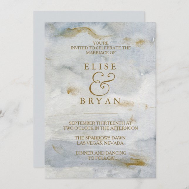 Invitation Aquarelle moderne Gold Blue Marble Mariage Invitat (Devant / Derrière)