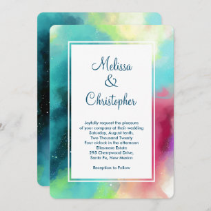 Invitation Aquarelle moderne Green & Red Space Nebula