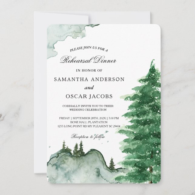 Invitation Aquarelle moderne Hiver Nature Arbres verts Invita (Devant)