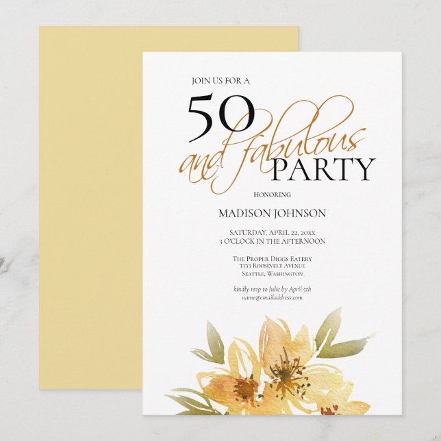 Invitation Aquarelle moderne Jaune 50 et Fabuleux anniversair (Devant / Derrière)