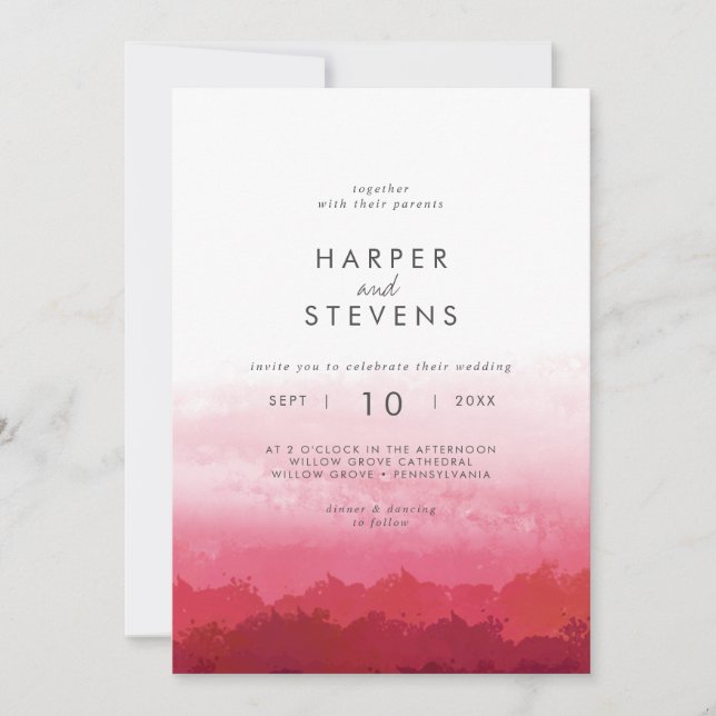 Invitation Aquarelle moderne | Mariage avant et arrière rose (Devant)