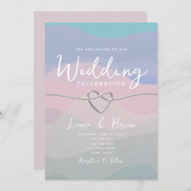 Invitation Aquarelle moderne Mariage bleu minimal (Devant / Derrière)