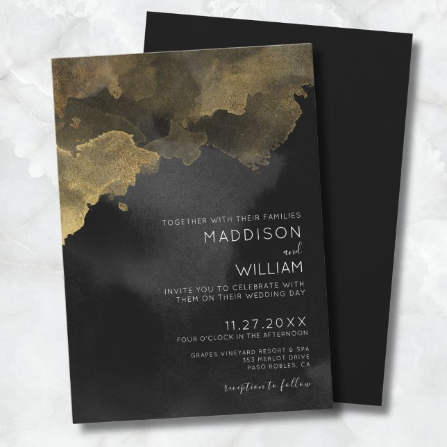 Invitation Aquarelle moderne Mariage d'or noir (Modern Watercolor Black Gold Wedding Invitation)