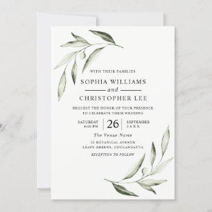 Invitation Aquarelle moderne Mariage feuille verte d'olive