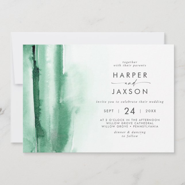 Invitation Aquarelle moderne | Mariage horizontal vert (Devant)