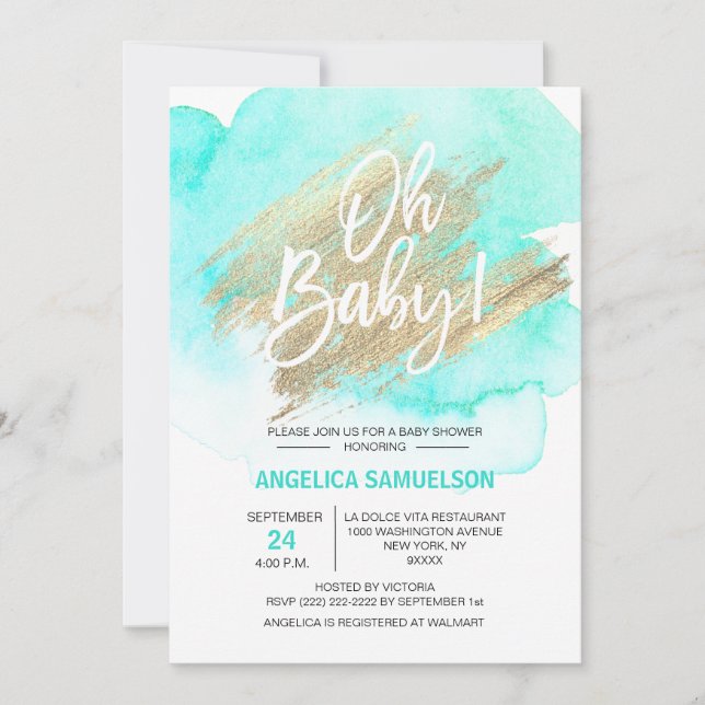 Invitation Aquarelle moderne Mint Vert Or Oh Baby shower (Devant)