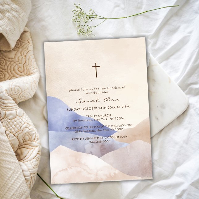 Invitation Aquarelle moderne Montagne Croix Abstraite Baptême (Modern Watercolor Mountain Abstract Cross Baptism Invitation)