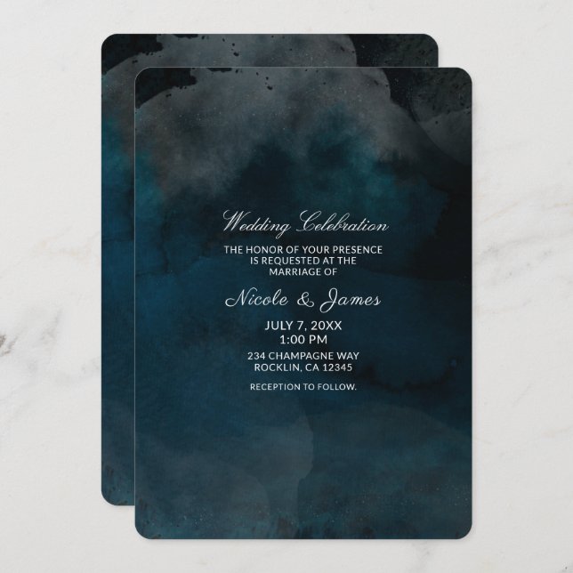 Invitation Aquarelle moderne Moody Blue Chic Mariage (Devant / Derrière)