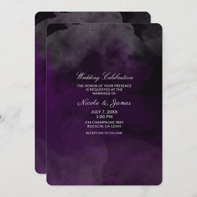 Invitation Aquarelle moderne Moody Plum Purple Chic Mariage (Devant / Derrière)