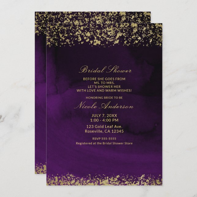 Invitation Aquarelle moderne Moody Purple Gold Fête des marié (Devant / Derrière)